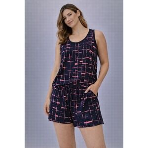 COLADA CO Womens Pajama Set Tank Top Shorts Grid Print Navy Pink Lounge Size S
